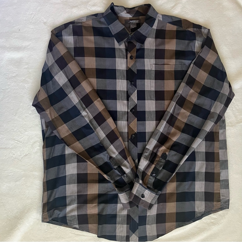 Men’s Long Sleeve Dress Shirt Size XXL Plaid Black, Gray and Brown by Method